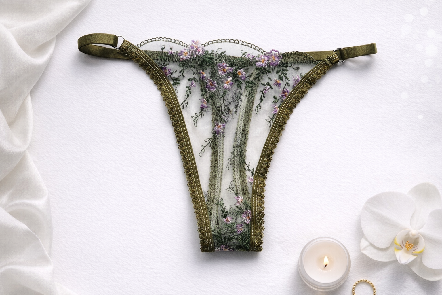 Tanga de Encaje Natural con Flores verdes