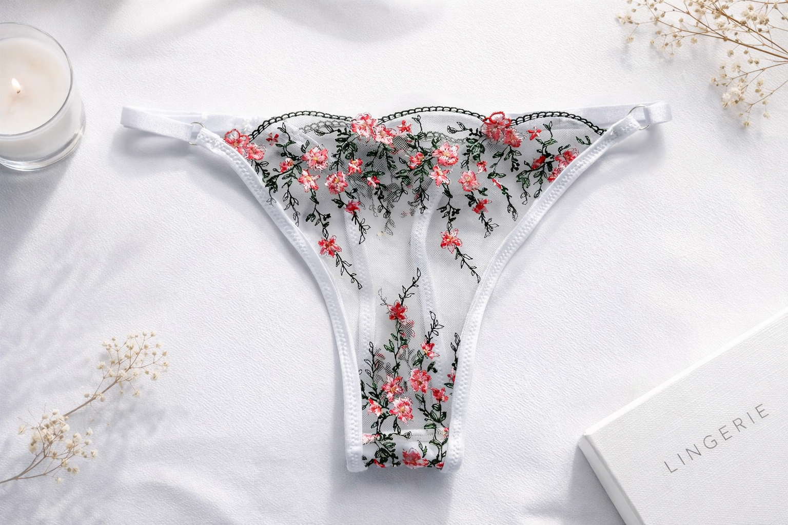 Tanga de Encaje Natural con Flores Rosas