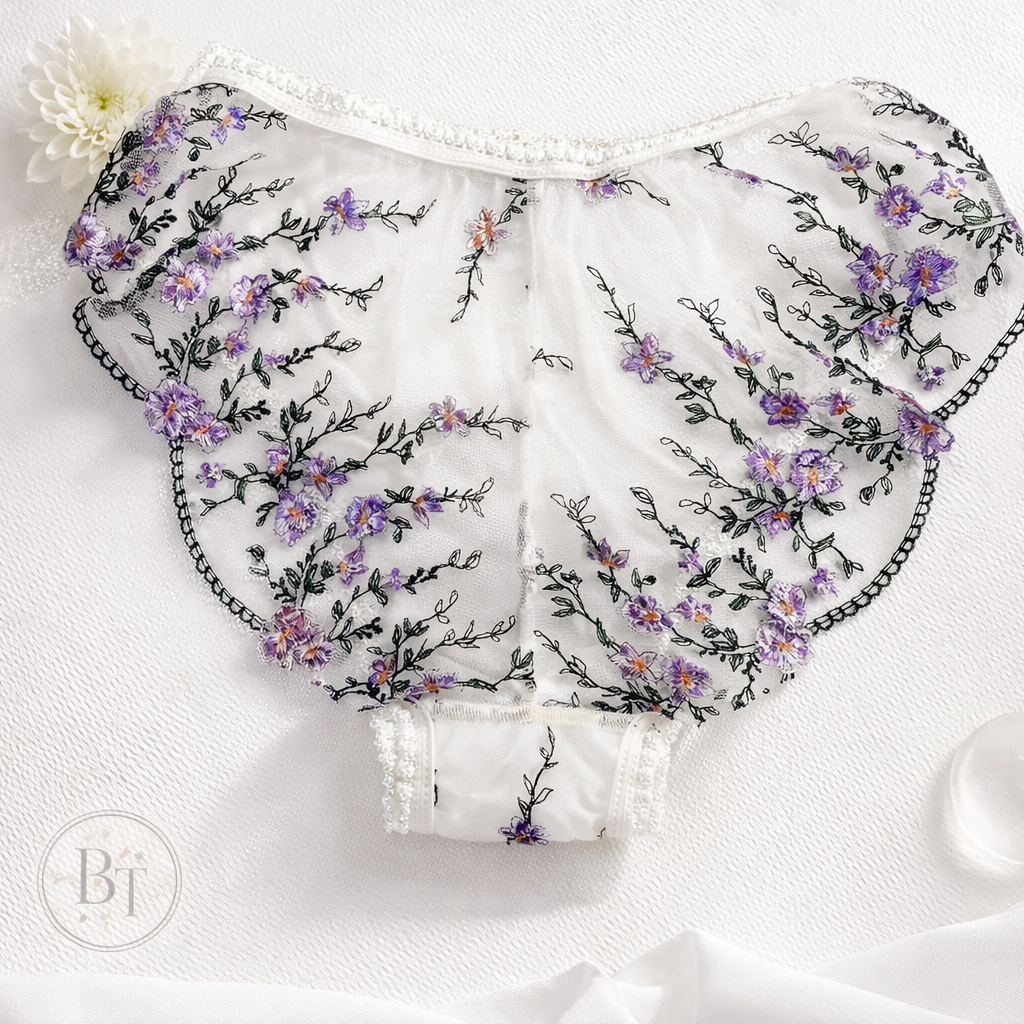 Braga Transparente Bordada Floral – Lila & Verde
