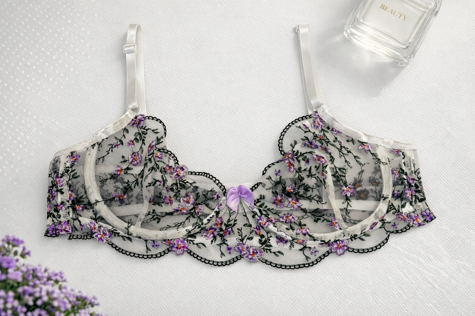 Sujetador  Transparente Bordada Floral  Lila & Verde