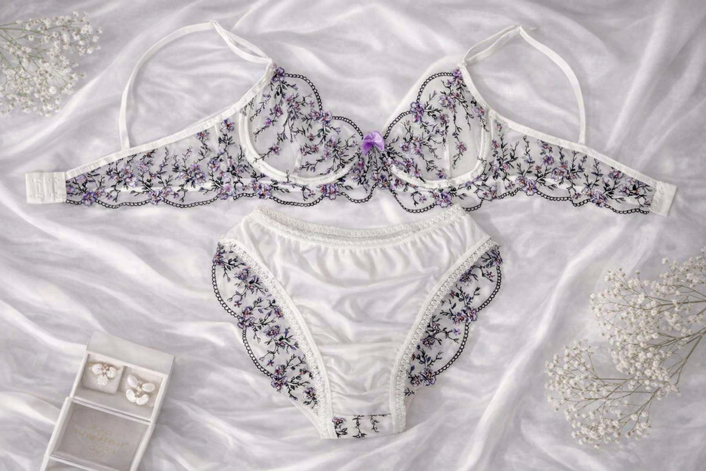 Conjunto Transparente Bordada Floral  Lila & Verde
