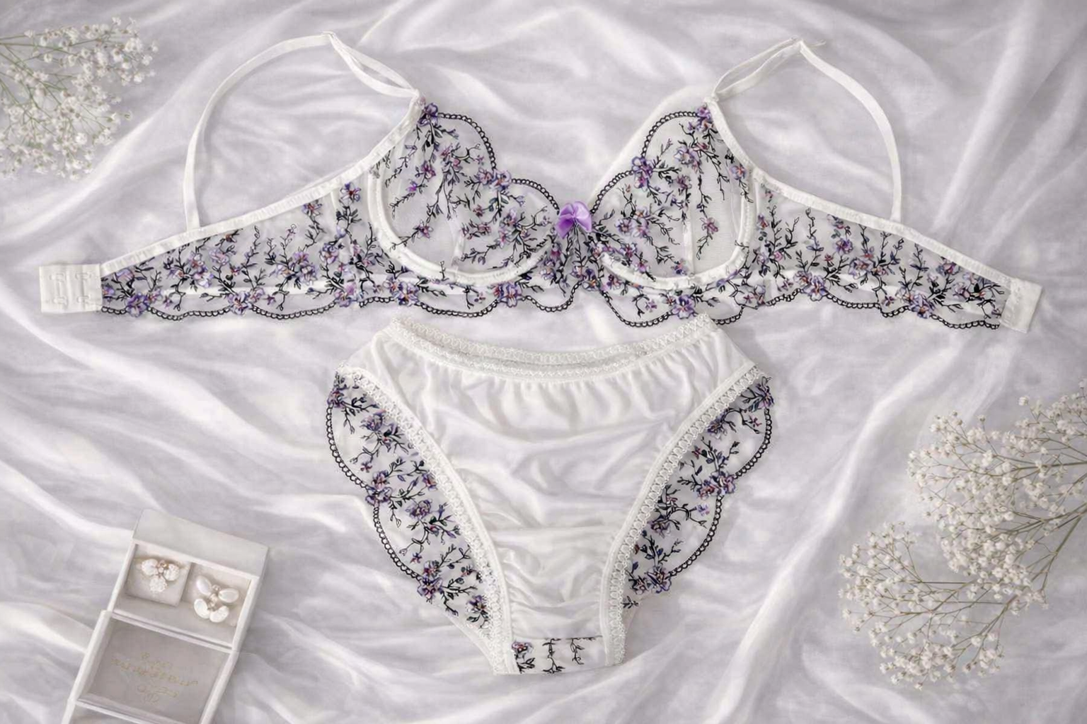 Conjunto Transparente Bordada Floral  Lila & Verde