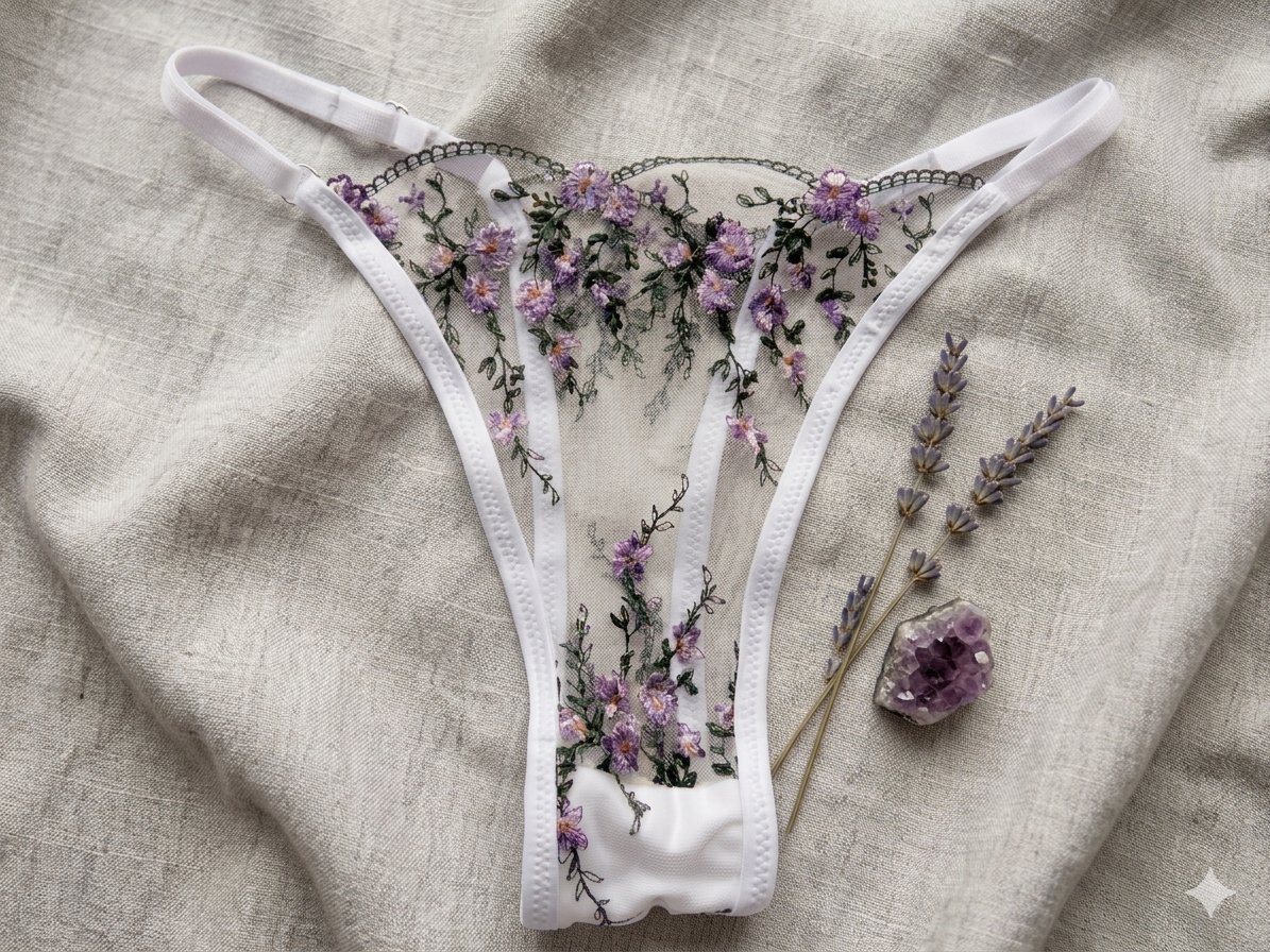 Tanga de Encaje Natural con Flores Lavanda